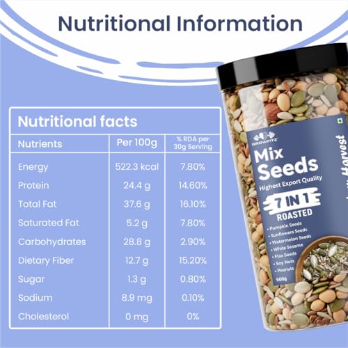Image of Growfitz 7-in-1 Super Seed Mix | Pack of 2 (500g Each)| 24.4g High Protein & Fiber | Roasted Pumpkin, Sunflower, Flax, Chia, Soy Nuts & Sesame | Healthy Snack |