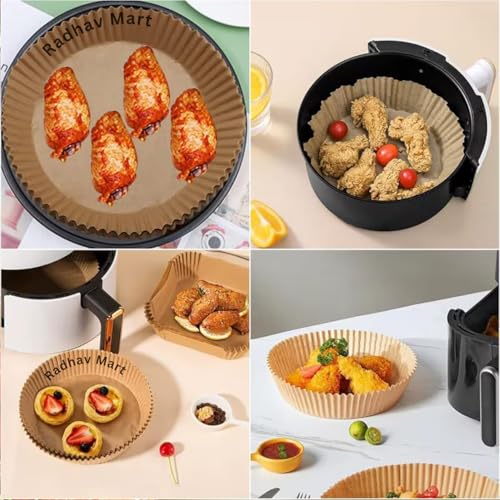 Image of 100 Pcs Air Fryer Paper Sheets | Disposable Air Fry Liners | Oil-Proof Non-Stick Parchment Paper for Air Fryer | Microwave, Roasting & Baking (Round)