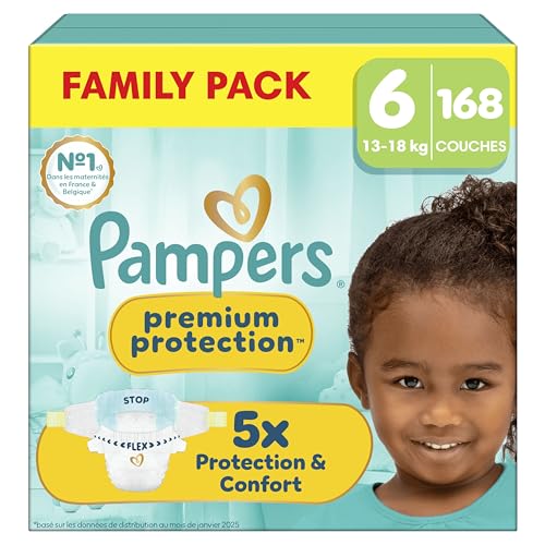 Pampers Premium Protection Taille 6, 168 Couches, 13kg-18kg, Notre N°1 Pour La Protection De La Peau Et Contre Les Fuites