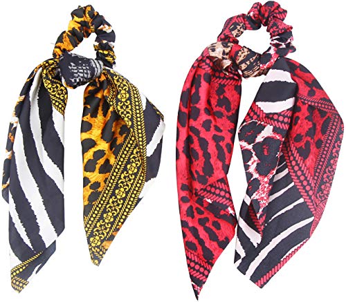 Hair Scarf Silk Scrunchies Ponytail - (3 Pack) ANIMAL PRINT Details Unique Hair Ties Designs to match Different Outfits – Satin Silk Hair Bands for Women Teen Tween Hair Scarves Tie