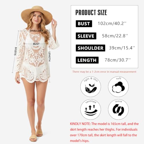 Image of SANNIDHI Women's Lace Beach Cover Up Embroidered Swimsuit Coverups Full Sleeve Boho Sheer Bathing Suit Swim Dress for Poolside, Seaside and Party