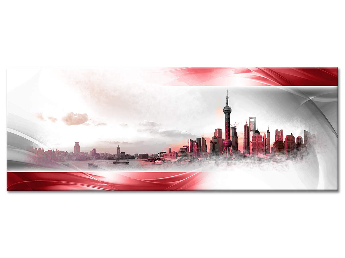 Declina, Quadro Decorativo da Parete per Soggiorno Moderno, Quadro Decorativo da Parete, Tela Panorama di Shanghai Rosso 100 x 35 cm, Canvas, Rosso, 100x35 cm