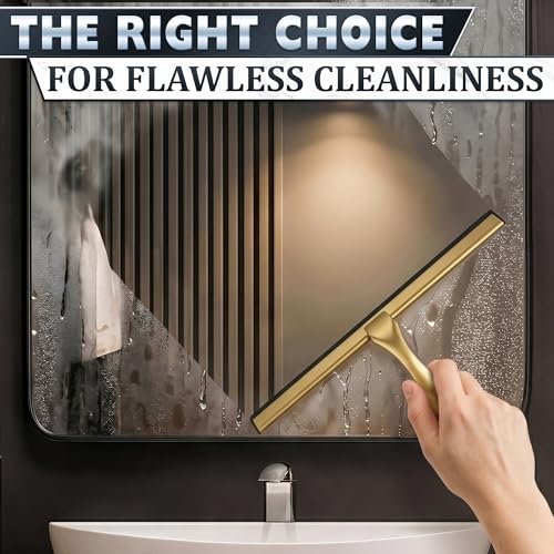 Image of Shower Door Squeegee with Hook - 14 inch Silicone Blade, Stainless Steel Gold Squeegee for Shower Glass with Adhesive Mount - All-Purpose Bathroom Tile, Mirror, & Window Wiper for Streak-Free Cleaning