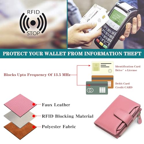 Image of FALAN MULE Women's Genuine Leather Wallet, Compact Size, RFID Blocking, 14 Slots, 2 Zippered Pockets, 2 Bill Compartments, Includes Coin Pouch, Card Holders, AY-Lichee Pink