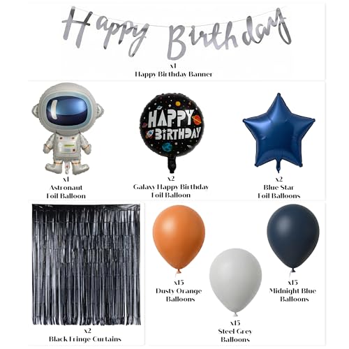 Image of Just Party Space Theme Happy Birthday Decoration Kit - Pack of 65 | Astronaut Theme Birthday Decorations for Kids | Moon & Stars Foil Balloons | Balloons for Birthday Decoration