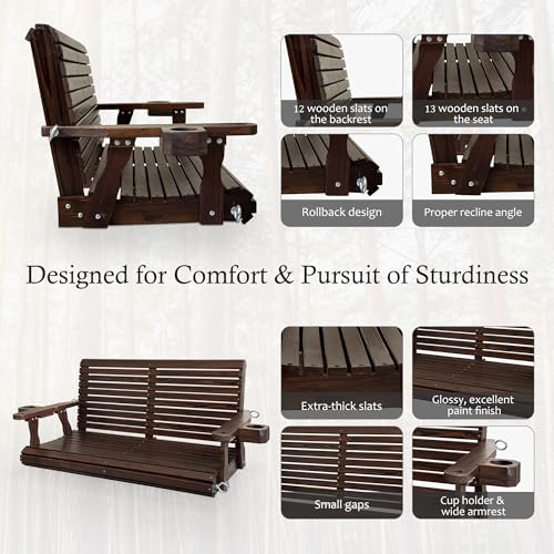 Image of Fortune Candy Wooden Porch Swing 2-Seater, Rustic, 4.5 FT Extra-Large