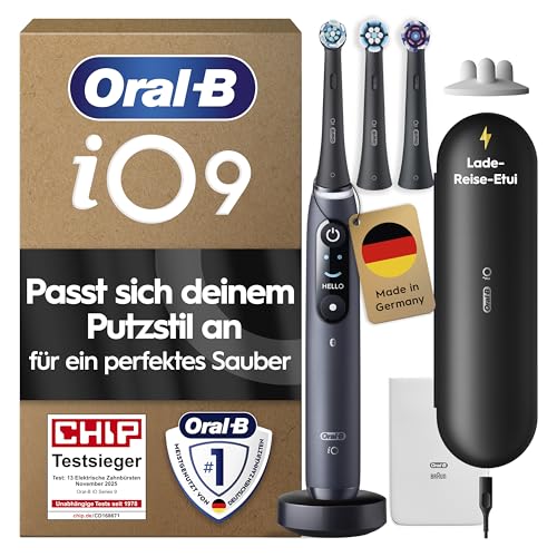 Oral-B iO Series 9 Elektrische Zahnbürste — Electric Toothbrush, Inkl. 3 Aufsteckbürsten — 7 Modi für Zahnpflege, CHIP Testsieger (11/25), Designed by Braun, Schwarz 1