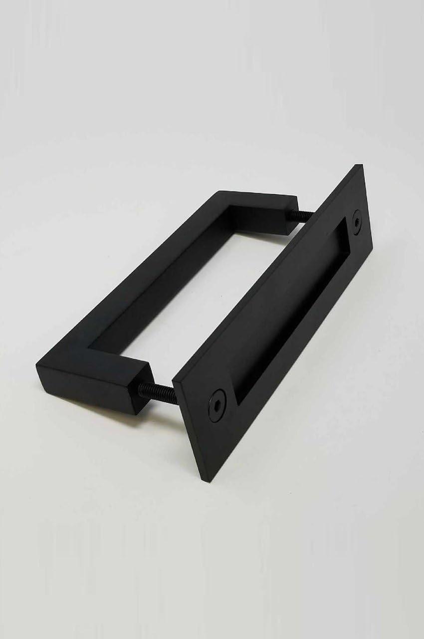 Barn Door Pull and Flush Rectangular Door Handle Set - Black Powdered Finish