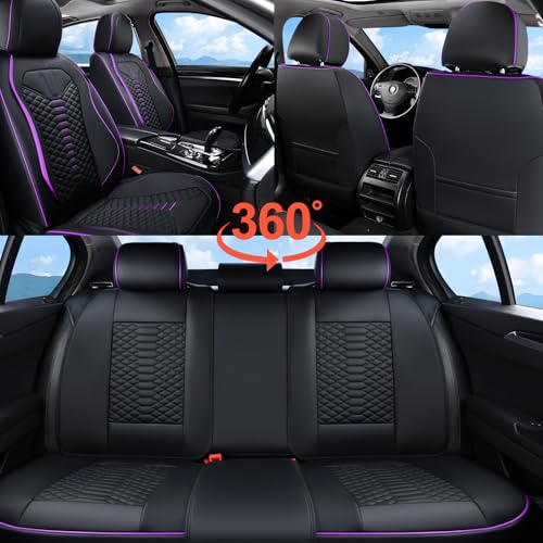 Image of Coverado Leather Seat Covers, Car Seat Covers Full Set, Nappa Leather Seat Covers for Cars, Car Seat Protectors Waterproof, 5 Seats Black&Purple Automotive Seat Covers Fit for Most Cars Trucks