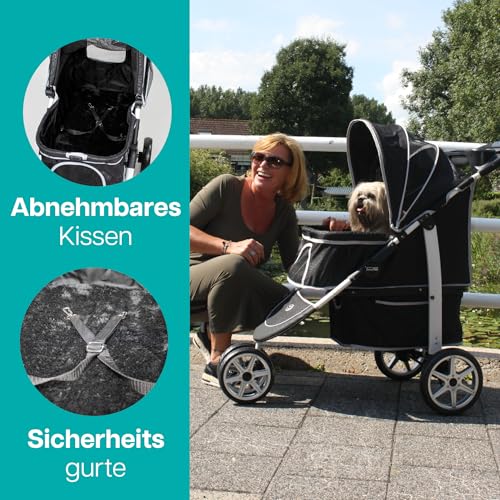 Katzenbuggy, Hundewagen mit Regenschutz, einhändig klappbar – Innopet Hundebuggy Monaco schwarz mit Klickverschluss – herausnehmbarer Korb unten – 360° schwenkbares Vorderrad - Hundewagen