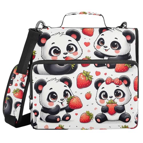 Image of 3 Ring Zipper Binder with Shoulder Strap Panda Red Strawberry 1.5 inch Binders Keeper Large Capacity Multi Pockets for School Office Supplies