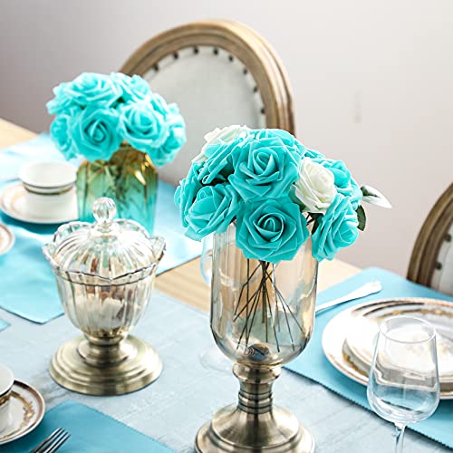 Artificial Foam Rose Flowers Vintage Fake Roses Diy Bouquets Boutonnieres With Leaves And Stems For Wedding Bridal Shower Banquet Party Centerpieces Decor (Turquoise,25 Pieces) #TOP4