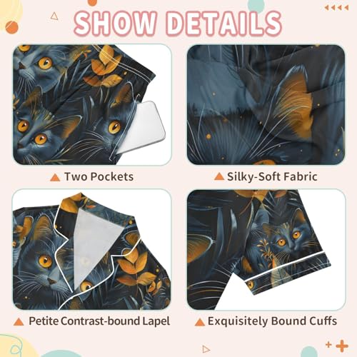 senya Cat Golden Eyes Satin Summer Pajama Sets Silk Short Sleeve Button Down Sleepwear3