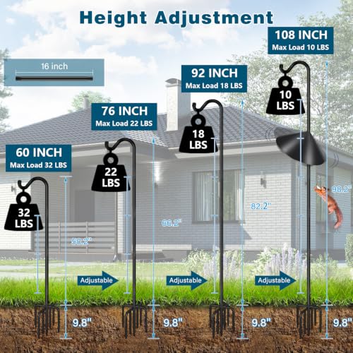 Image of Gtongoko Bird Feeder Pole Squirrel Proof 108 Inch Shepherds Hook | 7 Prongs Base, Squirrel Baffles, Adjustable Heavy Duty, Hanging Plants & Feeders, Black