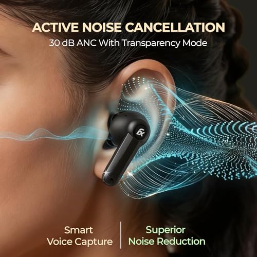 Image of Foxin FoxBuds F1 ANC True Wireless Bluetooth Earbuds Upto 30dB ANC, 50Hrs Playtime, Dual Pairing, Quad Mic ENC, 13mm Bass Driver, 40ms Low Latency, Digital Display, Gaming Mode, BT 5.4 (Shadow Black)