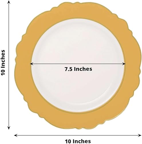 Miniatura 3 de Efavormart - Paquete de 10 platos de fiesta de plástico dorado y blanco de 10 pulgadas con diseño de flores redondas, platos llanos desechables con