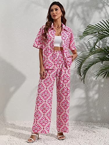 Greciilooks Women Co Ord Set| Knot Front Shirt & Wide Leg Pants| Allover Print Shirt & Bottom| Long Sleeve Shirt| Straight Printed Pant| Women Two-Piece Outfits| Summer Wear (Xs, Pink)