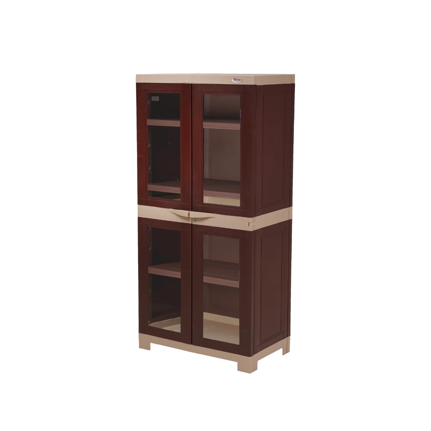 Oaknest Supreme Tall Plastic Storage Cabinet with Double Doors & 4 Shelves – Durable & Lightweight Organizer with Transparent Panels for Kitchen, Living Room, or Office (Brown & Dark Beige)-image-2