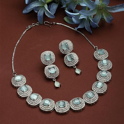 Image of ZENEME Rhodium Plated Silver Toned Triangular Shaped American Diamond Studded Jewellery Set For Women and Girl