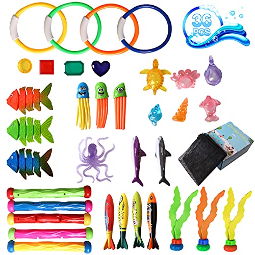 Diving Pool Toys, 36 Pack Fun Pool Toys, Sinking Swim Toys Underwater Treasures Games Swimming Pool Toys for Kids 3+, Teen Toddlers Boys and Girls Pool Summer Toys with a Storage Bean Bag and Gift Box