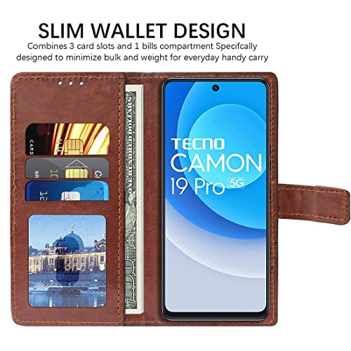 Image of Amazon Brand - Solimo Flip Leather Mobile Cover (Soft, Flexible & Kickstand Back case) Compatible for Tecno Camon 19 Pro 5G (Brown)