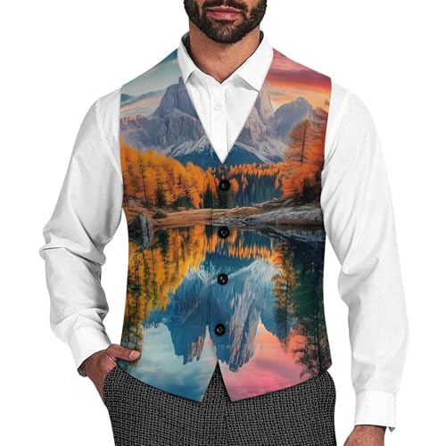Dolomites in Italy Autumn Scene Men's Formal Suit Vest for Business Formal Or Casual Dress Waistcoat Wedding