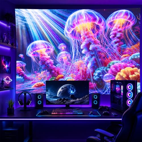 Image of BlissYard Black Light Tapestry UV Reactive Tapestry Glow Tapestry Blacklight Tapestry 78x59 Inches Neon Jellyfish Wall Hanging, Fluorescent Art Decoration with Colorful Sea Life, Oceanic Theme