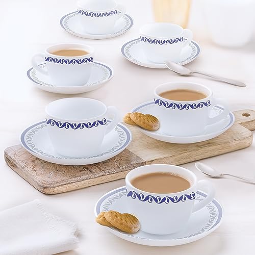 Image of Larah by BOROSIL Jazzblue Opalware Set - 6 x 140ml Cups and 6 Saucer (12 Pieces) | Microwave and Dishwasher Safe | Crockery Set Ideal for Tea, Coffee, and Casual Meals