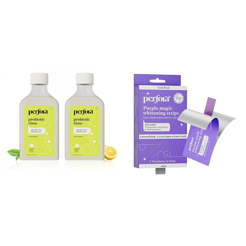 Perfora Lemon Mint Mouthwash, 300ml X 2 | Alcohol-Free Mouth Wash Liquid With Probiotics, Hyaluron | Perfora Purple Teeth Whitening Strips – Pack of 3 Treatments (6 Strips) – Whitens Teeth in 1 Use |-image-39