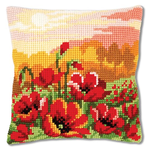 Image of Vervaco Cross Stitch Embroidery Kits Pillow Front for Self-Embroidery with Pattern on 100% Cotton and Thread, 15,75 x Inches - 40 cm, Poppy Meadow