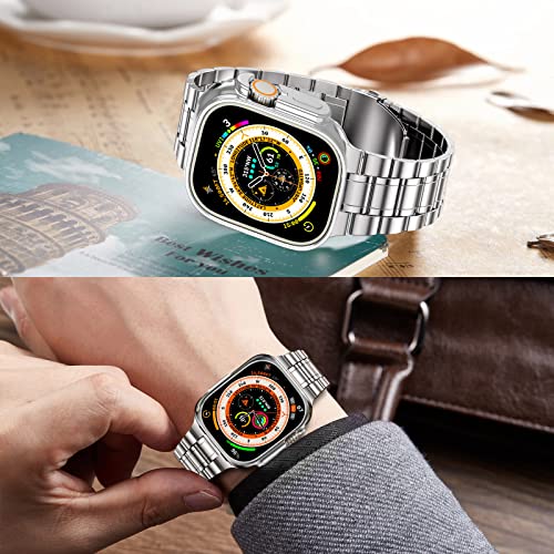 Image of MioHHR Solid Stainless Steel Band Compatible with Apple Watch 49mm Ultra 3 /2 /1, Metal Strap with Soft TPU Case for iWatch Series Ultra 3 /2 /1 49mm Women and Men, Silver