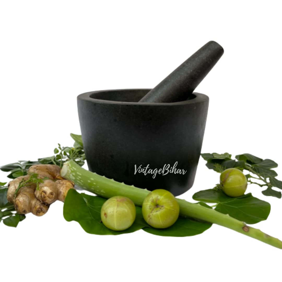 VintageBihar Hansraj Stone Mortar and Pestle Set – Round Kundi Shape Kharal, Okhli, Khalbatta for Kitchen, Silbatta for Chutney and Herbs (Diameter = 7 Inches)
