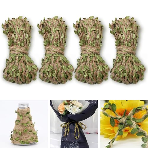 Forreen Vid Artificiales, 4 Rollos/40m Cuerda de Hojas Verdes Simulado Hojas Artificiales Guirnalda de Primavera para Manualidades,Sombreros,Bolsos,Guirnaldas,Fiestas de Boda