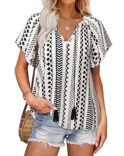 Unixseque Summer Tops for Women Casual Boho Blouses Short Sleeve V Neck Shirts Tie Front 2025 Trendy Beach Vacation Clothes4