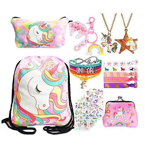 Unicorn Gifts for Girl Drawstring Backpack/Makeup Bag/Bracelet/Unicorn Keychain/Hair Ties (Pink Unicorn)