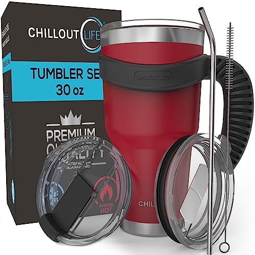 Stainless Steel Travel Mug With Handle 30 Oz - 6 Piece Set. Tumbler With Handle, Straw, Cleaning Brush & 2 Lids. Double Wall Insulated Large Coffee Mug Bundle - Cherry Red Powder Coat Tumbler #TOP25