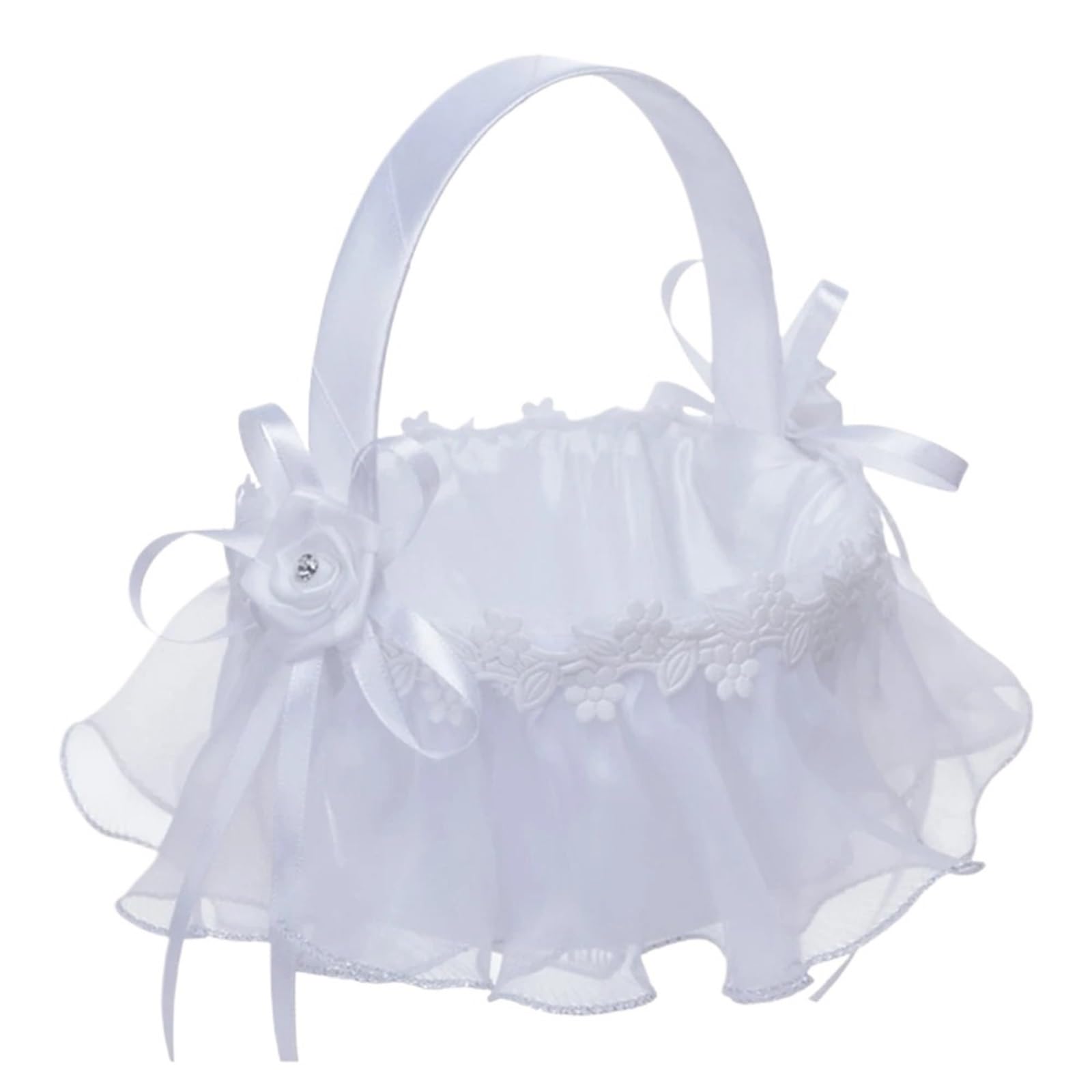 Flower Girl Bow Basket White Lace Hand Held Bowknot