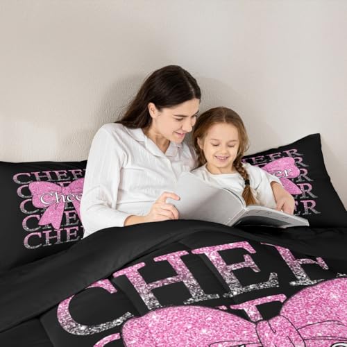 Image of Feelyou Cheer Bow Comforter Set Queen Size Cheerleading Bedding Set for Kids Boys Girls Funny Sport Duvet Quilt Pink Bedroom Decor Microfiber 3 Pcs with 2 Pillow Cases