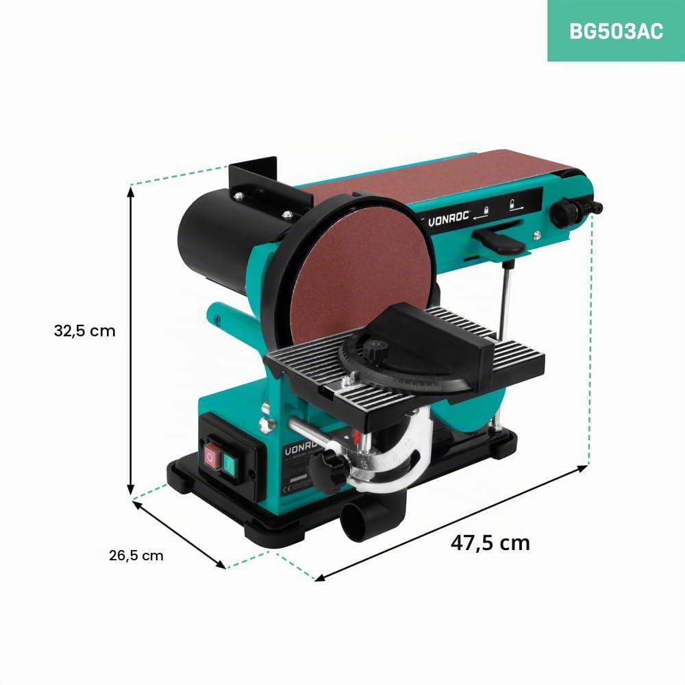 VONROC Lijadora de banda y disco de 350 W – Contiene 2 bandas de lijado de 100 x 915 mm (P80 y P120) y 2 discos de lijado de 150 mm de diámetro (P80 y P120)