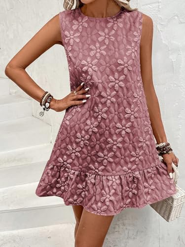 Image of SOLY HUX Women's Ruffle Hem Sleeveless Tank Dress Round Neck Casual Jacquard Hem Smock Summer Mini Dresses