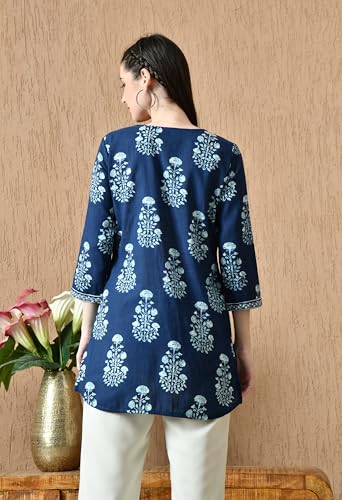 Image of Amazon Brand - Tavasya Women Floral Printed Round Neck Pure Cotton Regular Fit Kurti | Everyday & Office Wear Kurta | Modern Ethnic Top