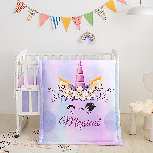 Image of Crib Bedding Set,3pcs Nursery Crib Bedding with Comforter Crib Sheet & Crib Skirt,Lovely Unicorn Flowers Printed Nursery Bedding for Baby Boys and Girls(Purple Unicorn)