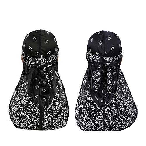 Assorted Paisley Bandana Doo Rag Cap Headwraps Men's Women's Silk Durag With Long Tail And Wide Straps For 360 Waves (Black,Navy Bule) #TOP4