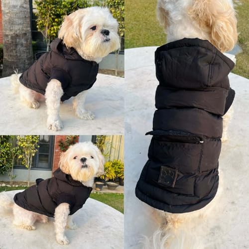 Image of Winter Dog Puffer Jacket, Hooded Pet Coat, Black (only for Small Breed)(6INCH)