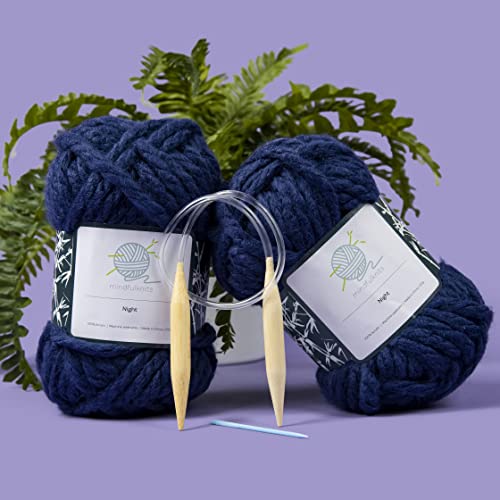 Mindfulknits Learn To Knit Kit - Knit A Chunky Beanie - Knitting Needles, Yarn Needle & Acrylic Chunky Bulky Knitting Yarn- Night -Beginners Basic Knitting Supplies Set For Relaxation & Stress Relief #TOP4