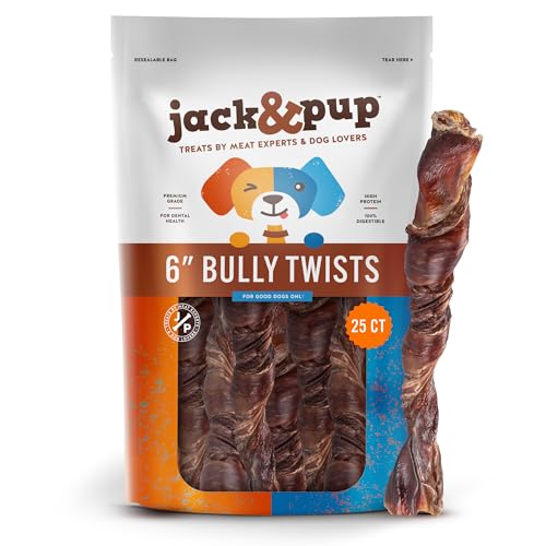Jack&Pup 6 Bully Twists | Odor Free Bully Sticks for Dogs | Single Ingredient Dog Chew Sticks for Light Chewers | All Dog Breeds (25 Ct)