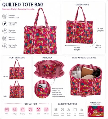 Image of Cotton Tiger Block Print Tote Bag, Indian Handmade Shopping Shoulder Bag, Unisex Market Daily Use