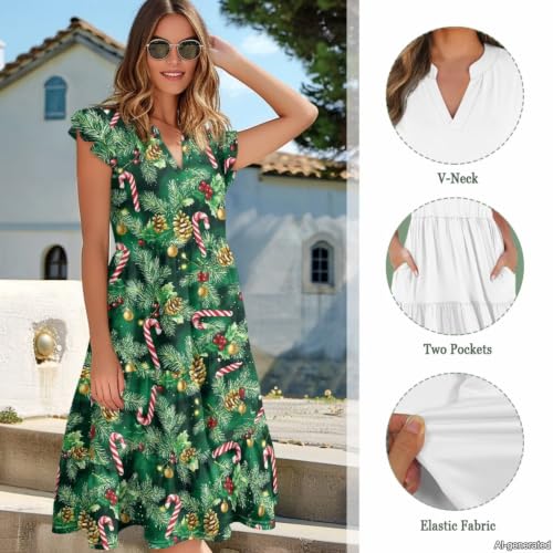 Image of Womens Summer Dress Ruffle Sleeve V Neck Dress Casual Fit Flowy Beach Vacation Sundress with Pocket S-2XL