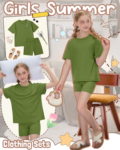 Image of Oakgarden Summer Outfits for Girls 5-14Y Athletic Casual Sets Kid Short Sleeve Shirt Bike Shorts 2 Piece Tween Trendy Clothes