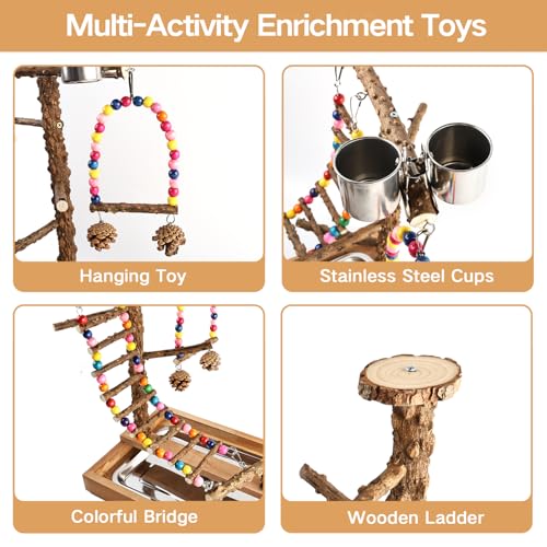 Image of Bird Perch Play Stand Playground, Conure Parakeets Parrots Cockatiel Toys, for Bird Cage Accessories, Natural Wood
